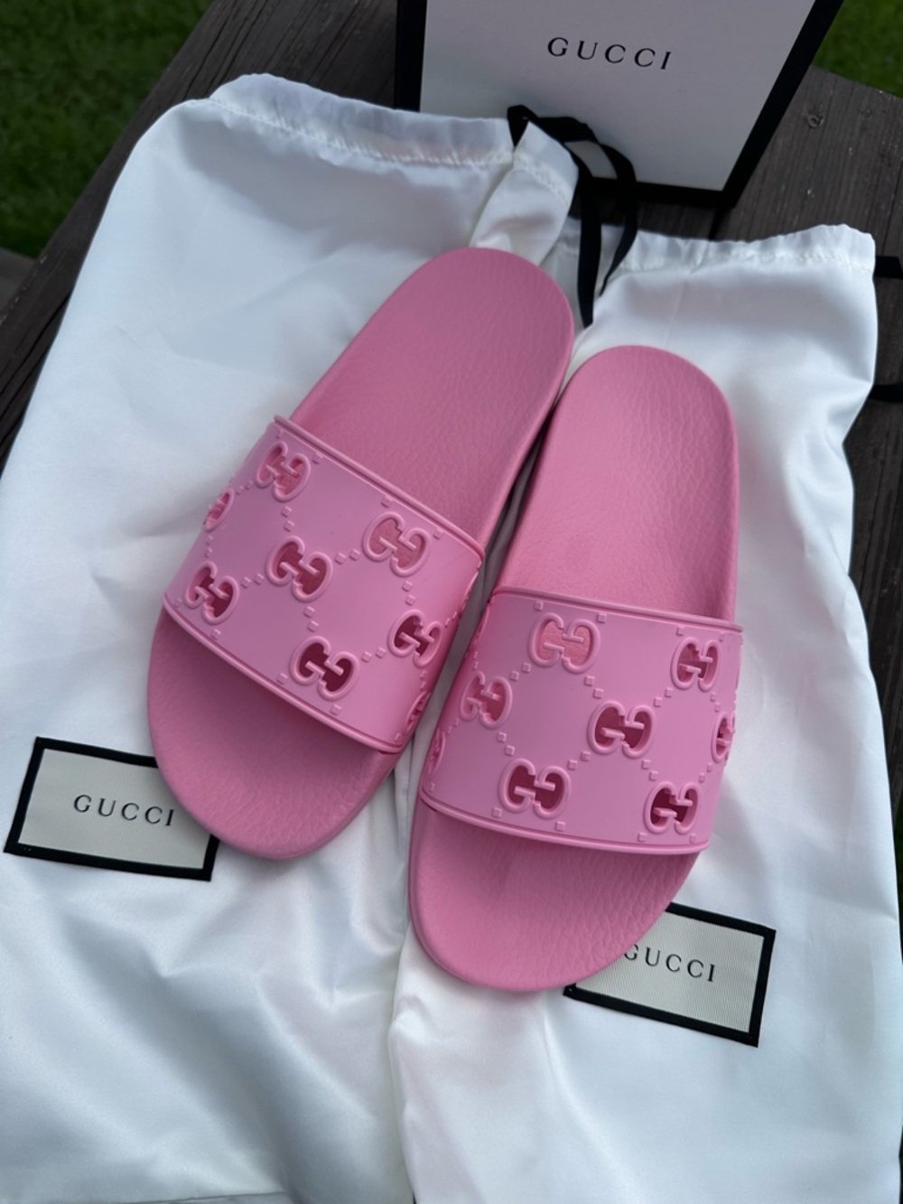 Gucci Bubblegum Pink GG Embossed Slide Sandals - Picture 2 of 6